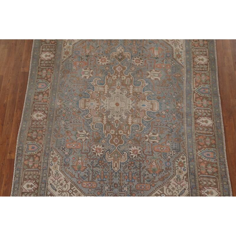 Gray Geometric Tabriz Persian Vintage Rug Hand-Knotted Wool Carpet - 6'5" x 9'5"