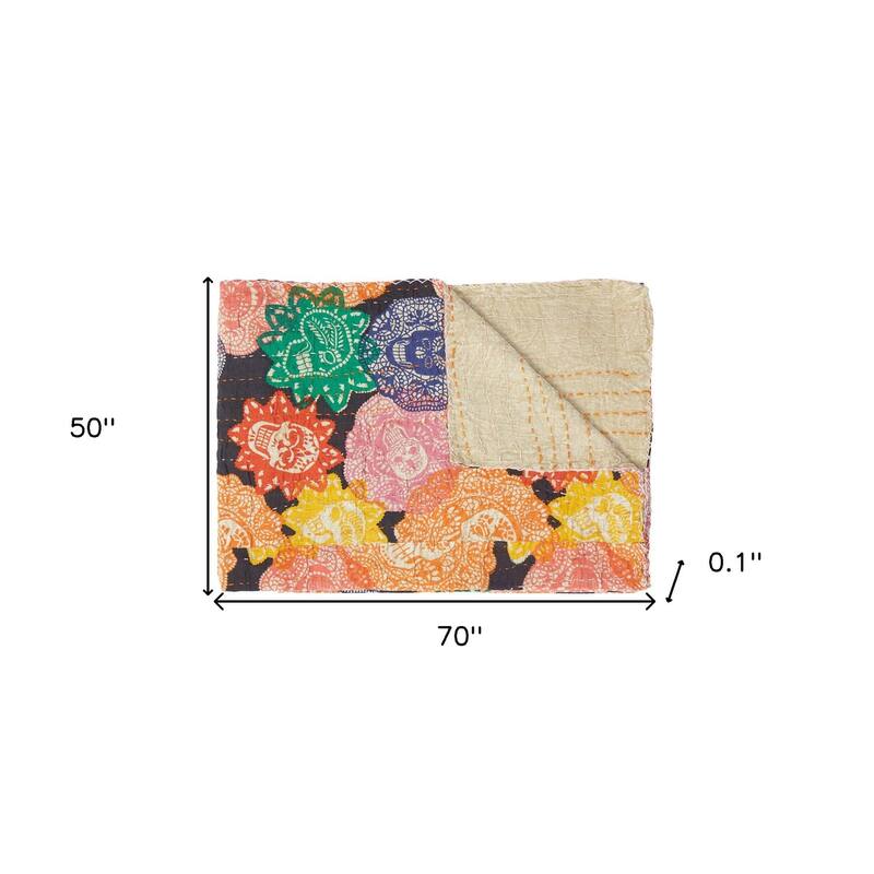 HomeRoots 50" X 70" Black Green Red and Pink Kantha Cotton Patchwork Throw Blanket with Embroidery