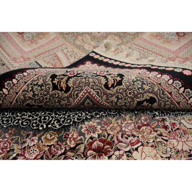 Machine Made Oriental 90% Silk - 10% Polyester Carpet Traditional Medallion Navy Blue & Blues Qum Area Rug - 9' 10'' X 6' 6''