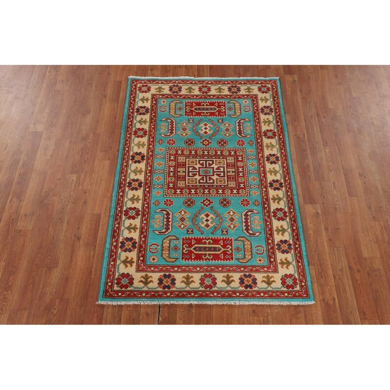 Turquoise Blue Kazak Oriental Accent Rug Handmade Wool Carpet - 3'3" x 4'11"