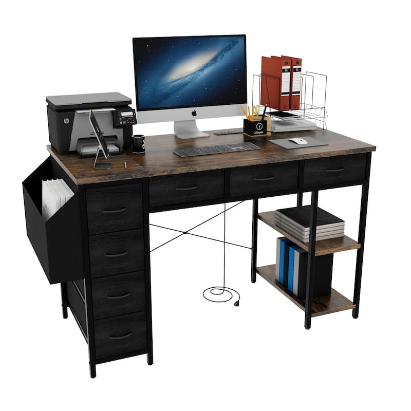 Computer Desk with 7 Drawers & Side Pocket, Home Office Desk with Power Outlets & USB Ports, Small Writing Study Table