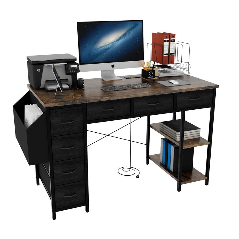 Modern Computer Office Desk with Power Station and Dual Monitor Stands and 2 Drawers for Home Office or Study Organization
