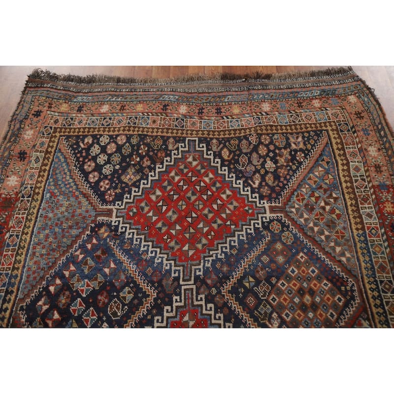 Pre-1900 Antique Blue Qashqai Persian Area Rug Handmade Wool Carpet - 5'1"x 7'8"