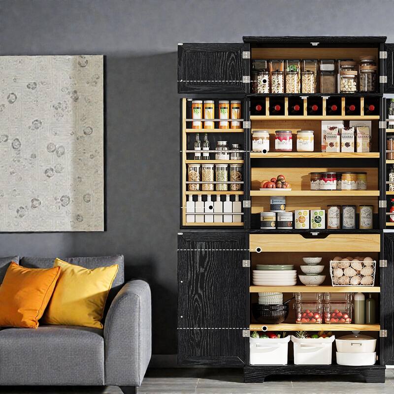 78.2" Farmhouse Kitchen Pantry Cabinet with 8 Door Shelves, Adjustable Shelves, Hidden Drawer and Wine Rack Storage