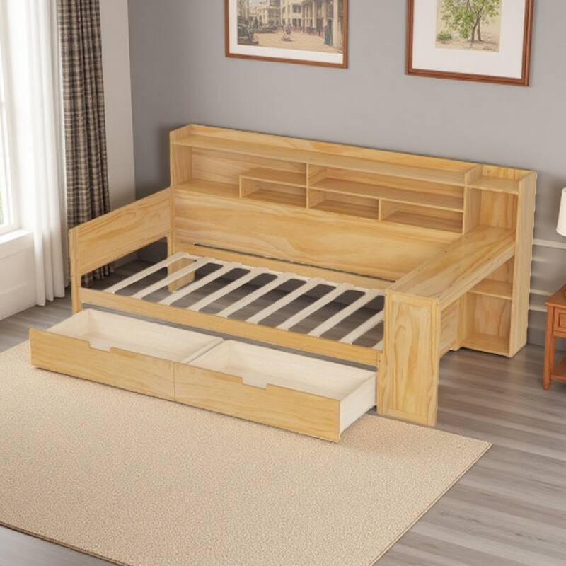 Twin Size Wooden Daybed with Built-in Study Desk, Side Storage Shelves & Two Large Drawers, Space-Saving Multi-Functional Bed - Twin Natural - Twin