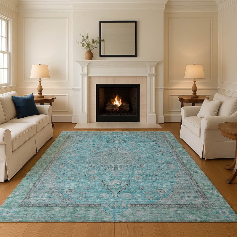 Premium Washable Super Soft Vintage Traditional Mayfield Rug - Aqua - 5' x 7'6"