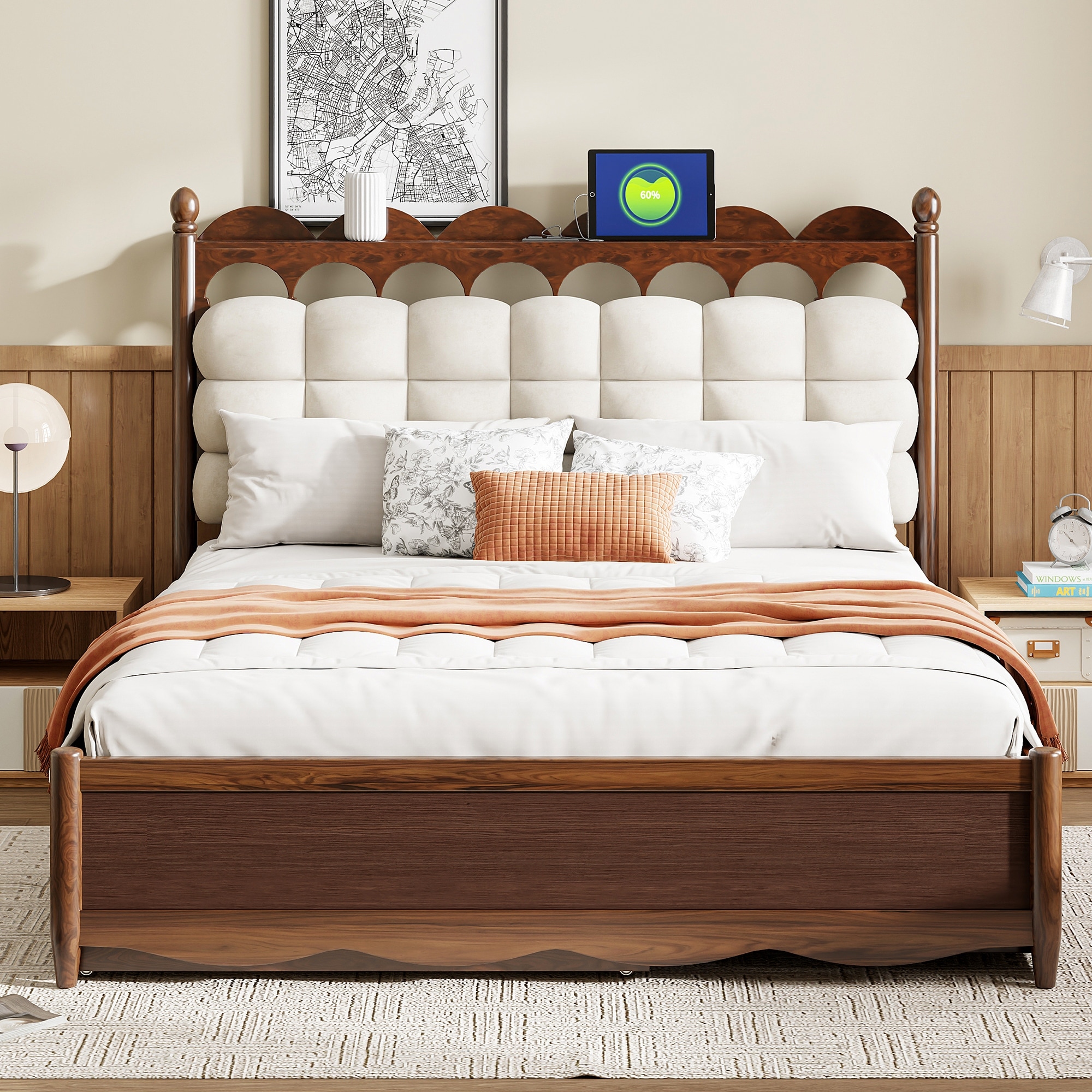 Queen Size Wooden Platform Bed with Sockets and USB Ports, Solid Pine Wood Storage Bed Frame with 2 Drawers and Twin XL Trundle