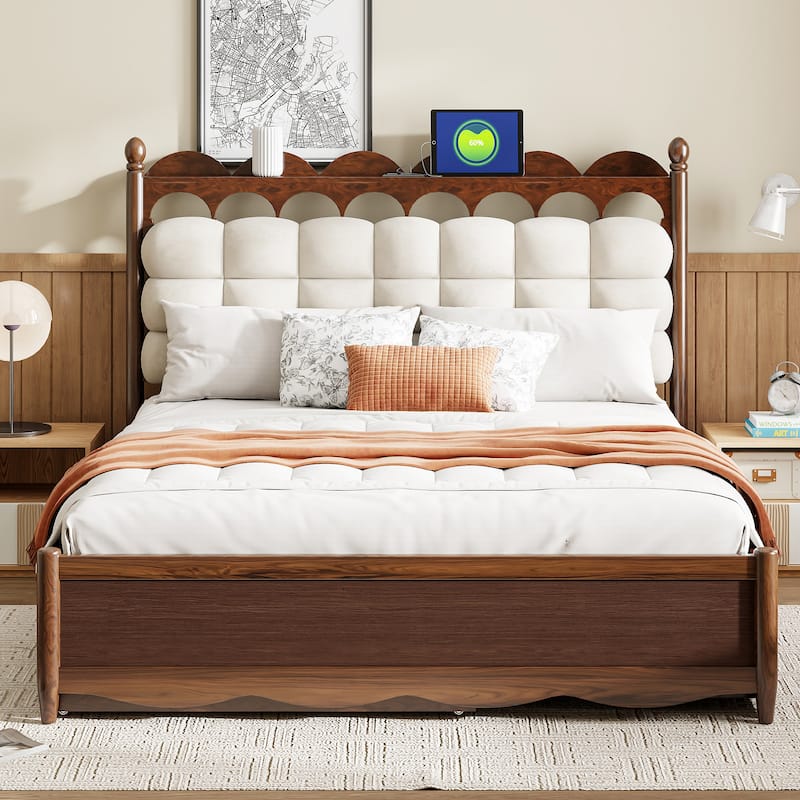 Roomfitters Queen Wooden Platform Bed with Trundle, Storage Base and USB Charging Ports