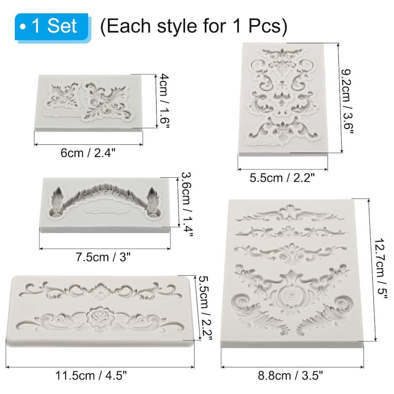 5PCS Polymer Clay Mold, Fondant Mold 3D Baroque Iod-Mold Silicone Rose - Grey