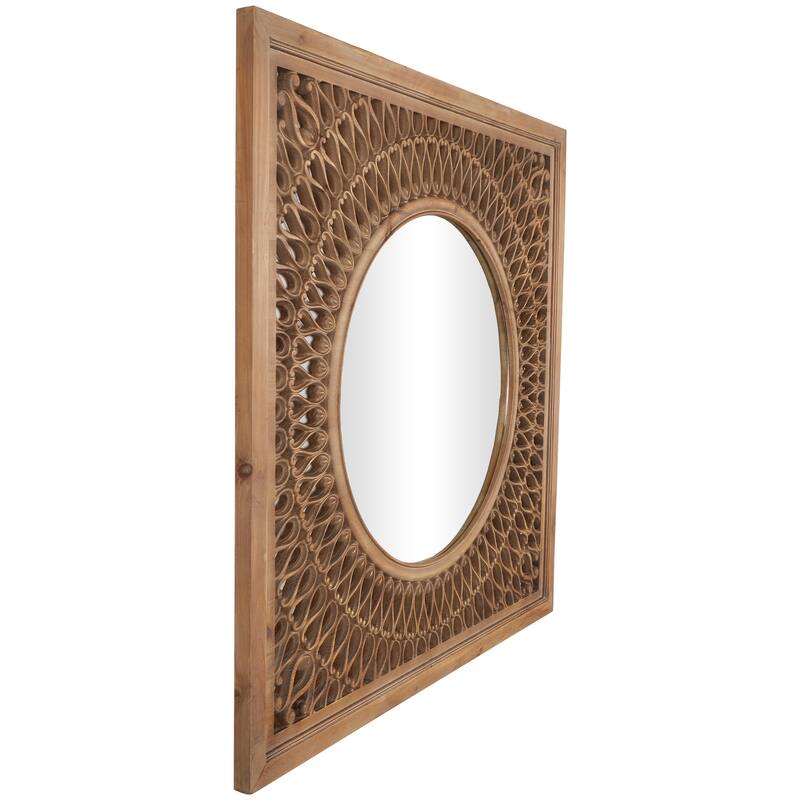 Brown Wood Room Wall Mirror with Carved Scroll Pattern