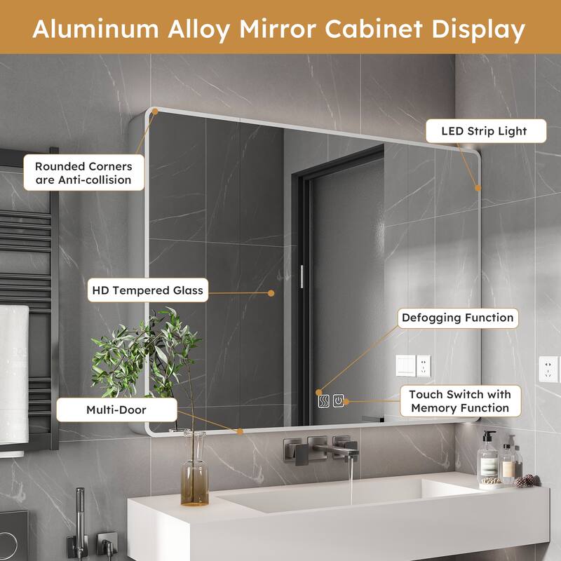 Silver Glass LED Bathroom Medicine Cabinet with Defogger and Shelves - 35.4” W x 5.9" D x 27.6" H