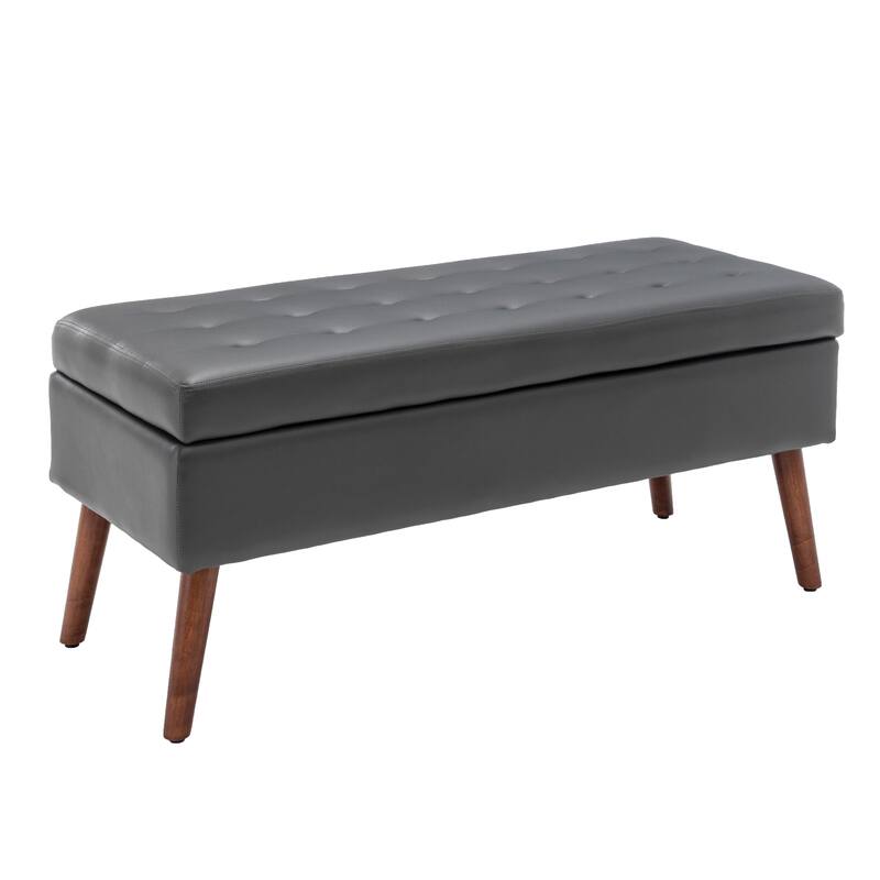 PU Upholstered Storage Ottoman Bench with Solid Wood Legs