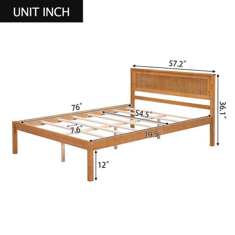 Oak Full Size Pine Wooden Platform Bed with Headboard and Wood Slat Support for Bedroom