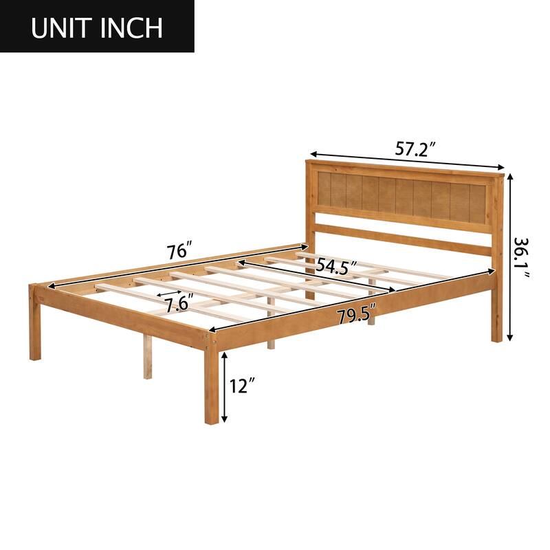 Oak Full Size Pine Wooden Platform Bed with Slat Support & Headboard