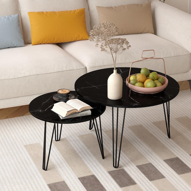 Anmytek Set of 2 Nesting Round Coffee Tables with Marble Effect Top & Hairpin Legs, Black Industrial Modern Side Tables