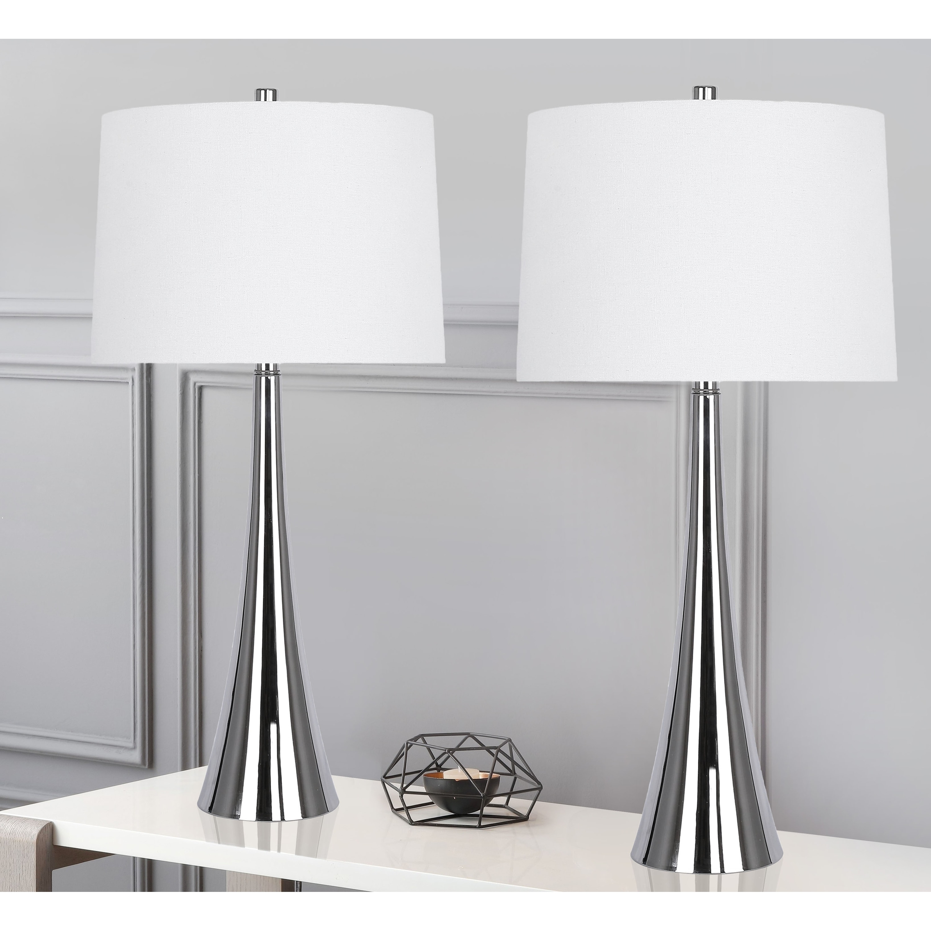 29 5 Metal Table Lamp Set With Tapered Curve Design And Off White Linen Drum Shades Overstock 29167654