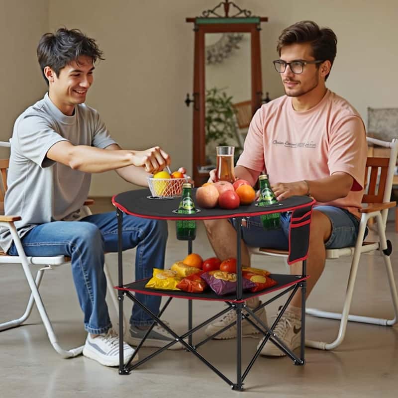 Black Foldable Camping Table with Waterproof Surface and 4 Cup Holders for Compact Travel Design