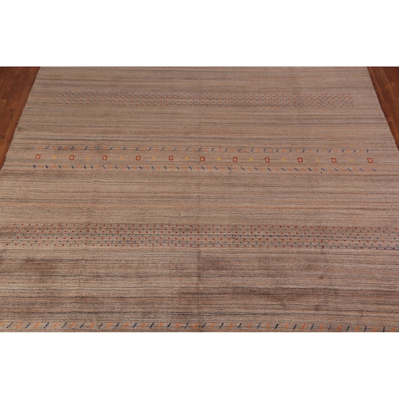 Striped Brown Gabbeh Oriental Area Rug Hand-Knotted Wool Carpet - 8'0" x 9'9"