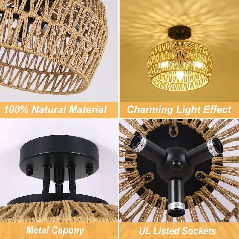 Boho Rattan Semi Flush Mount Ceiling Light - 3-Light, 360° Ample Light, E12 Socket