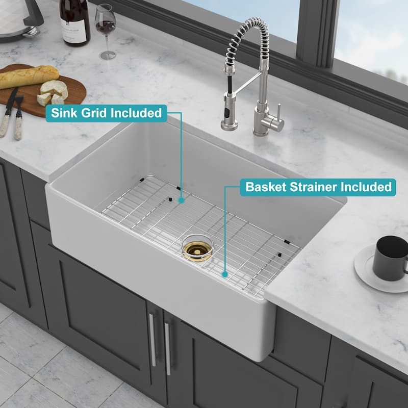 33" White Farmhouse Sink - Kitchen Sink Apron Front Porcelain Ceramic Single Bowl Farmer Sink Basin