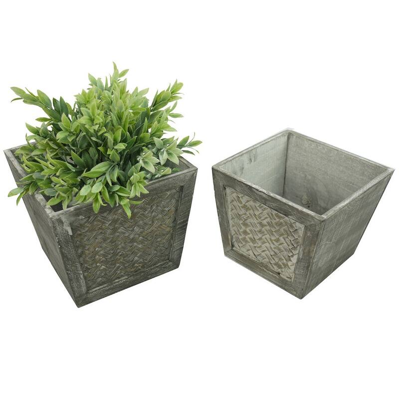 Contemporary Square Wood Planter, Gray, Set of 2