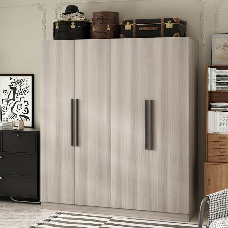 Modern Freestanding Solid Wood Wardrobe Closet With Storage Shelves - Grey Wood