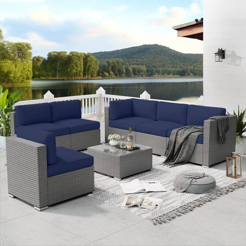 7-piece Outdoor Patio Grey Wicker Rattan Cushioned Sectional Sofa Conversation Set