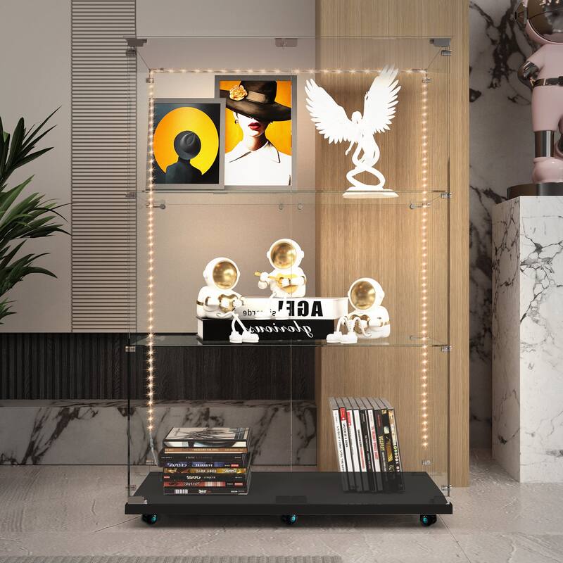 Tempered Glass Display Cabinet, File Cabinet, Tempered Glass Top, Bluetooth LED Light Strip, with Door Lock