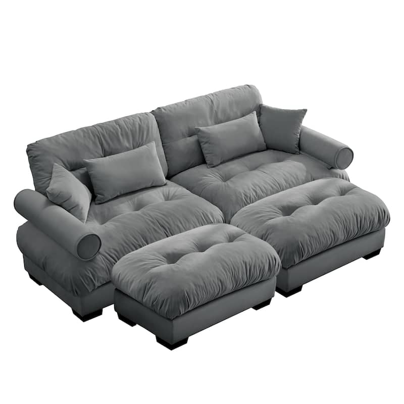 Loveseat Sofa Set 93.7" 2-Seater Modular Velvet Couch with Ottoman, Round Arms and Throw Pillows for Living Room, Office