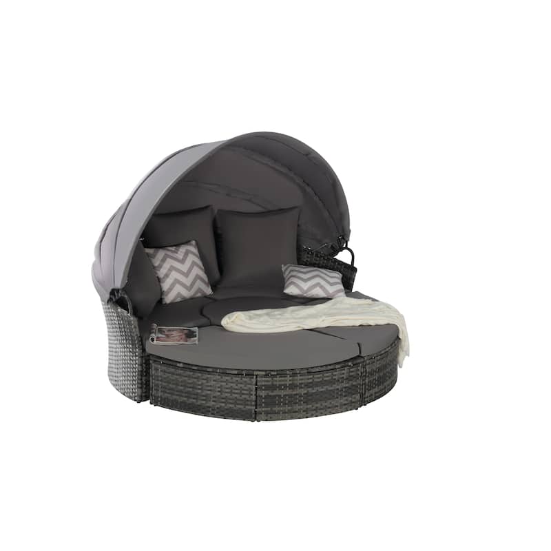 5 Pieces Outdoor Patio Round Daybed Furniture, Wicker Conversation Set with Retractable Canopy, Soft Cushions