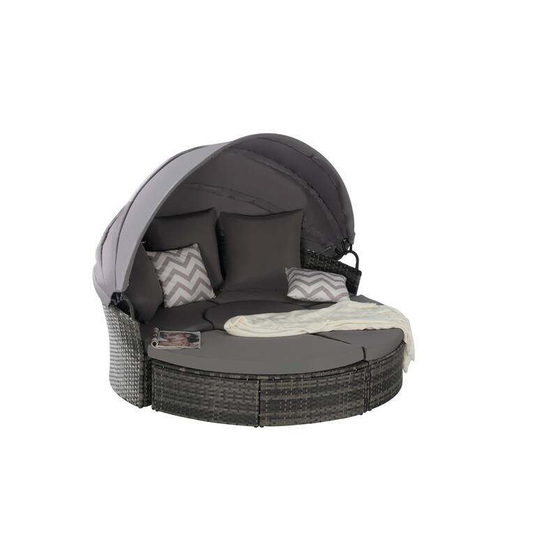 Round Daybed Modular Sofa Bed Outdoor Sectional Recliner Couch Set with Center Lift Coffee Table and Retractable Canopy Bed