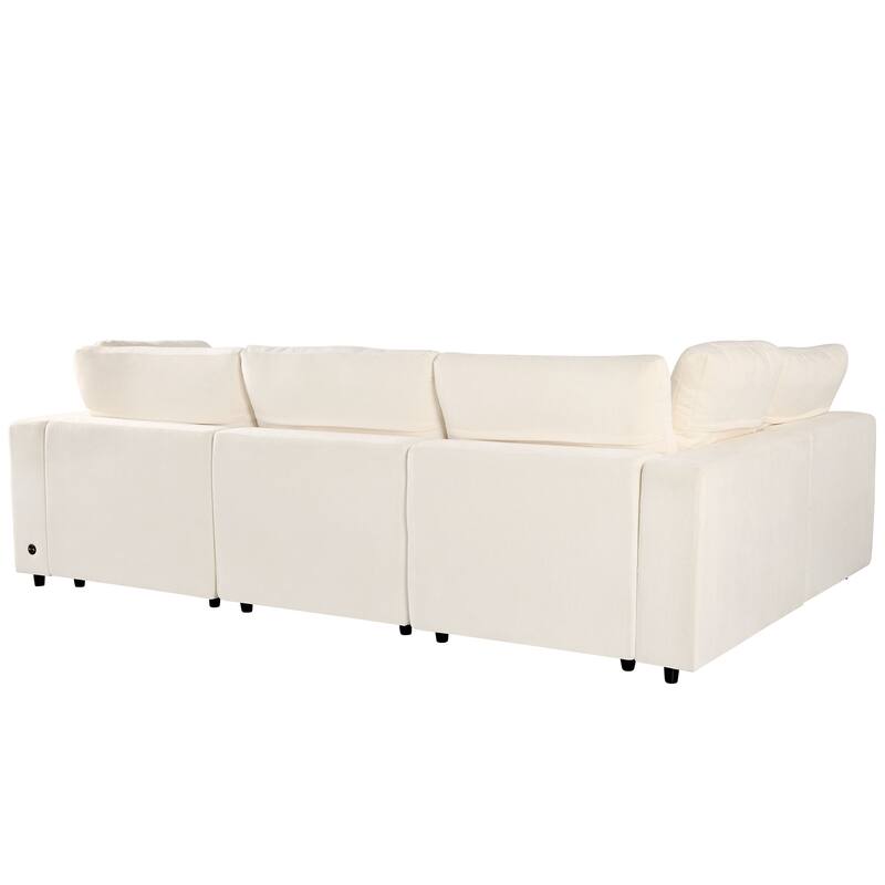 133.9" Polyester Modular Sectional Sofa U-Shaped 4-Seat with Wireless Charging, Bluetooth Speakers and USB Ports