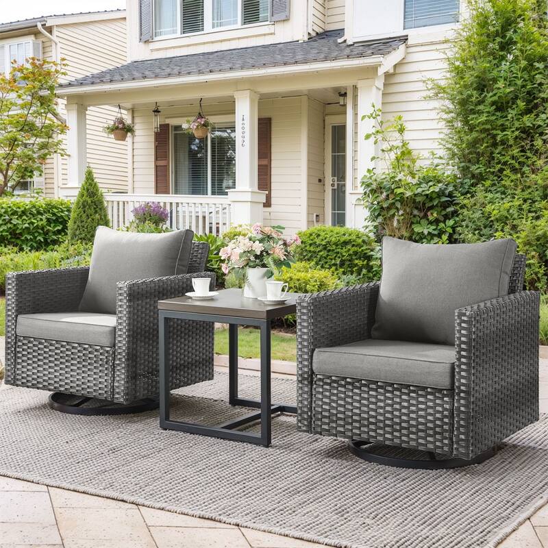 Pocassy Patio Swivel Chair with Soft Cushion - Grey Wicker Grey Cushion - 3PCS Swivel Chairs with Table