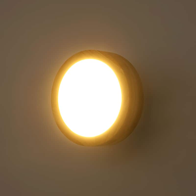 1-Light 7.87 in. Modern Farmhouse Small LED Round Wall Sconce in Natural Rubberwood Finish - 7.87 in. W x 3.35 in. H