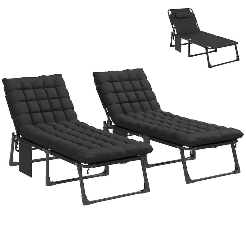 Outsunny Chaise Lounge Chair Outdoor Set of 2, 5-Position Reclining Pool Lounge Chairs with Cushions, Side Pocket