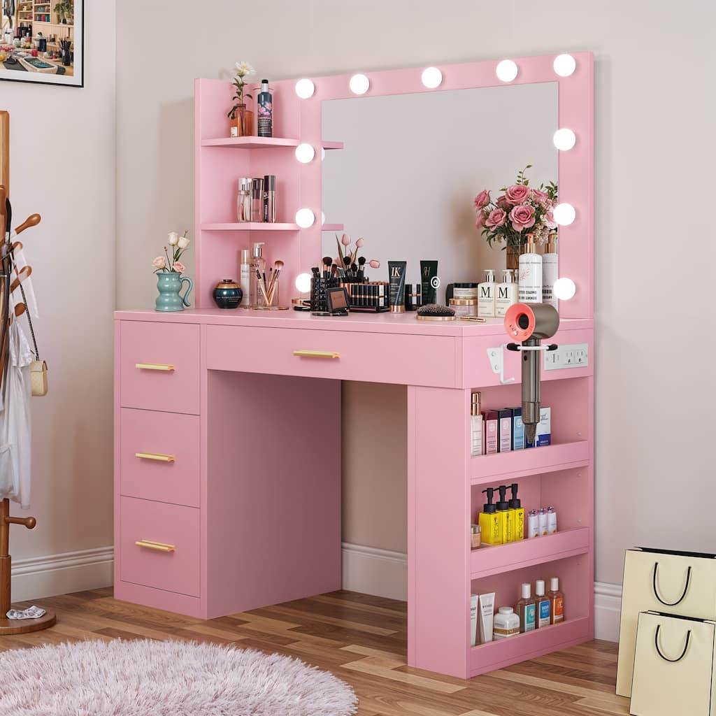 Moasis 39.5"W Bedroom Makeup Vanity Desk with Mirror and Power Outlets&Hairdryer Holder