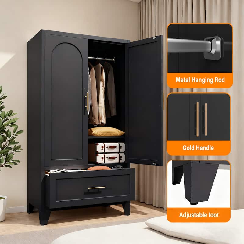 60 Inch Metal Wardrobe Cabinet with Drawer and Hanging Rod, 2 Door Steel Closet Storage with Shelf for Bedroom