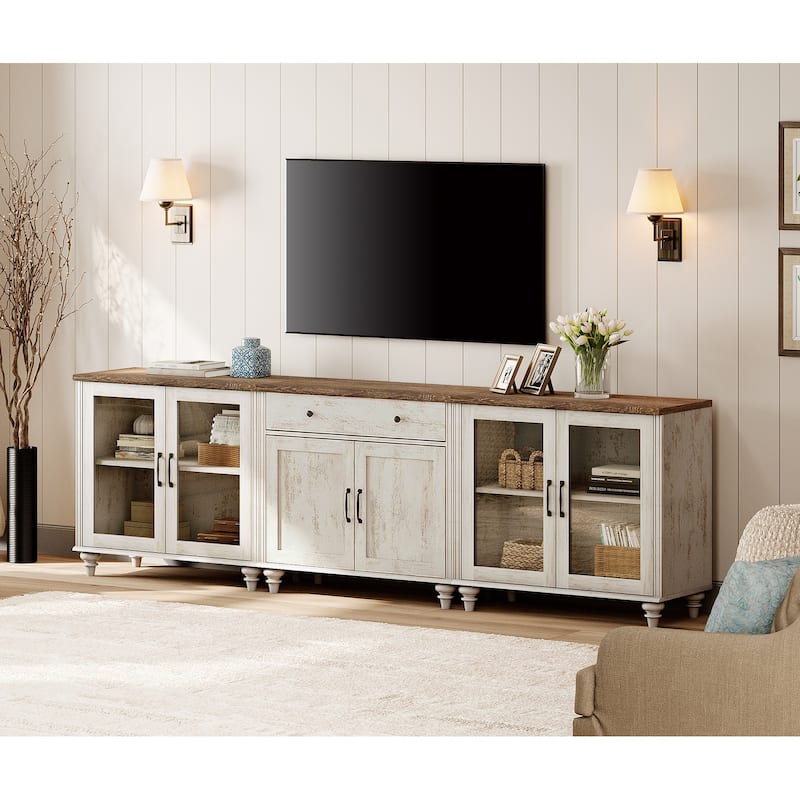 Farmhouse TV Stand with Doors and Drawer﻿ - 1 Drawer and 6 Doors - Rustic White