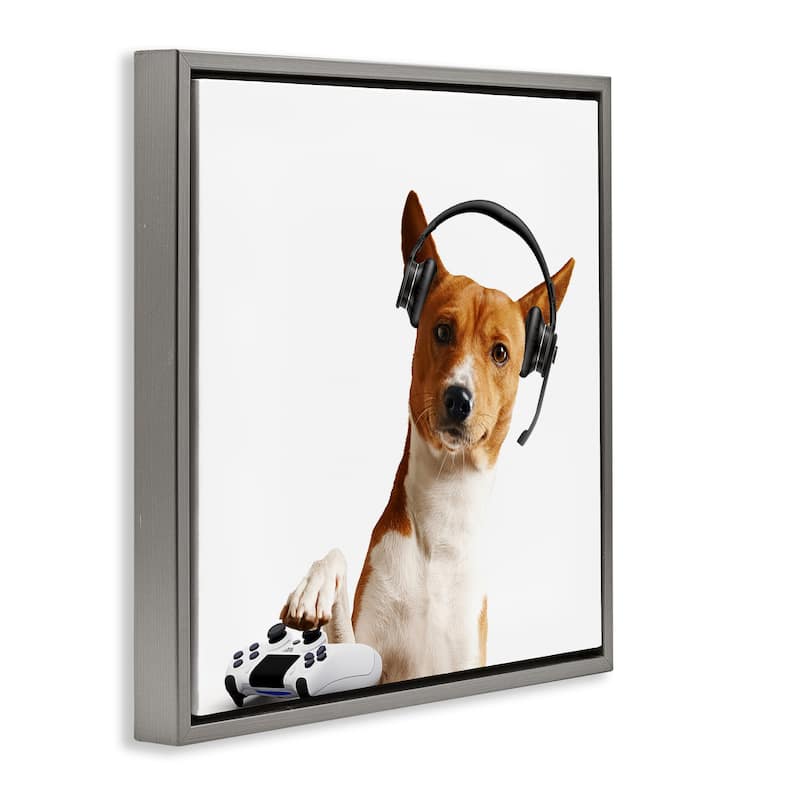 Stupell Gaming Dog with Headset Framed Floater Canvas Wall Art Design By CAD Designs