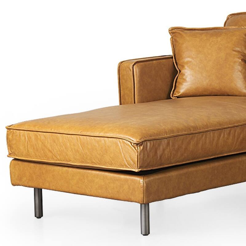 HomeRoots Tan Genuine Leather L Shaped Sofa and Chaise Sectional With Toss Pillows