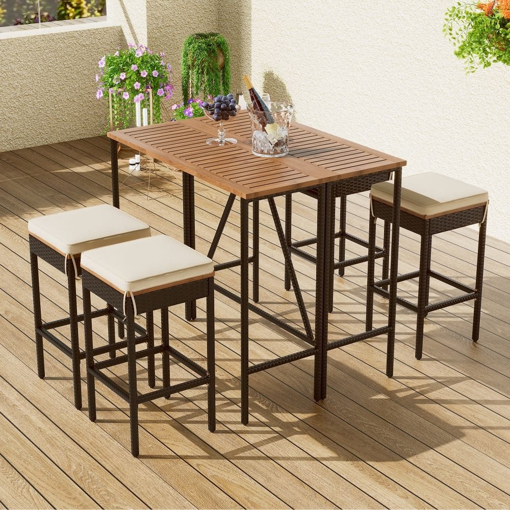 5-Piece Outdoor Acacia Wood Bar Height Table and Four Stools with Cushions, Garden PE Rattan Wicker Dining Table