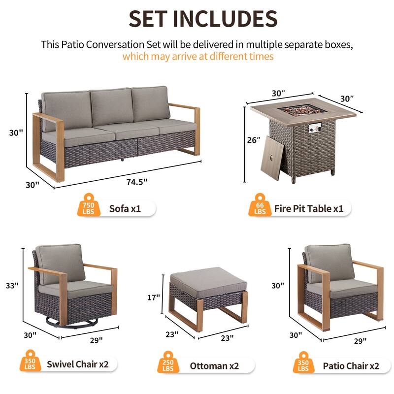 Pocassy 4/6/8PCS Sofa Swivel Chair with Fire Pit Table Set
