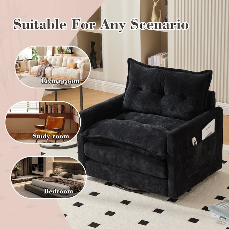 HOMEFUN Chenille Upholstered 360°Degree Swivel Mid Century Modern Arm Chair with Side Pocket for Living Room