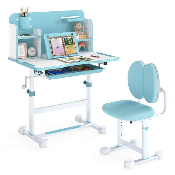 slide 2 of 30, Costway Kid’s Study Desk & Chair Set with Tilt Desktop, Pen Holder & - See Details Navy