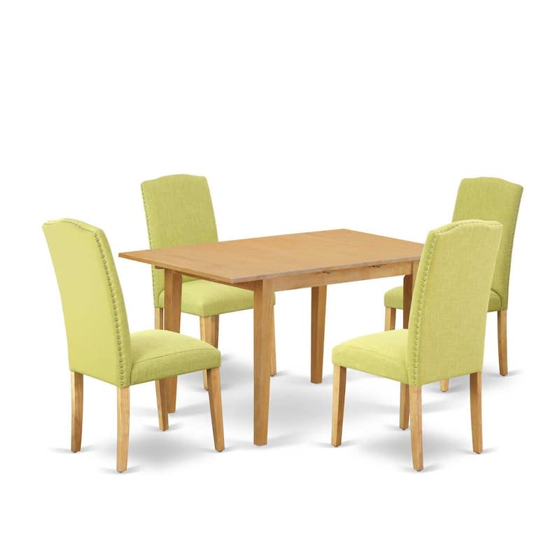 Nordic Dinette Set 5Pc Rectangle Table & 4 Chairs - Linen Fabric & Oak Legs - 42" to 53.5"