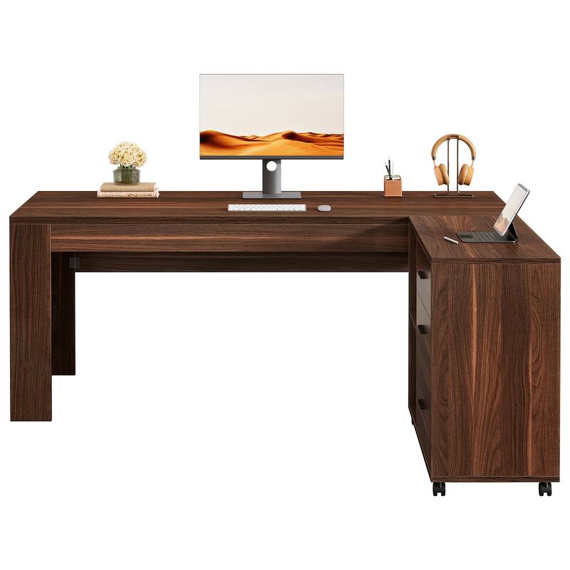 63" L Shaped Executive/Computer Desk/Table Mobile File Cabinet with Drawers/Shelves Home Office Business Furniture