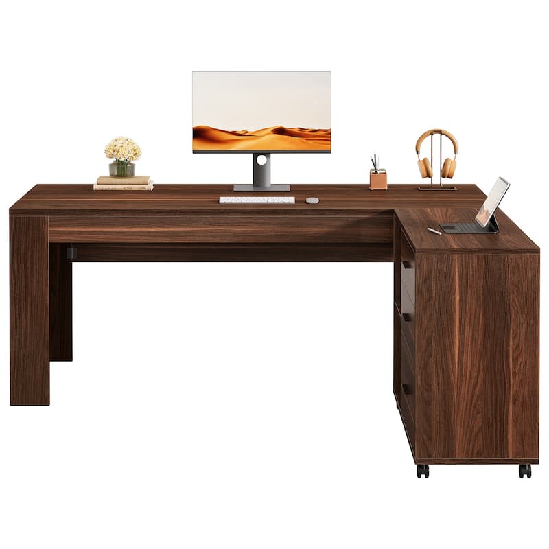 63" L Shaped Executive Desk Office Computer Desk Mobile File Cabinet with Drawers/Shelves Home Office Business Furniture