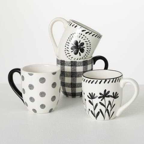 Sullivans 4.5 in. Black And White Pattern Mugs - Set of 4