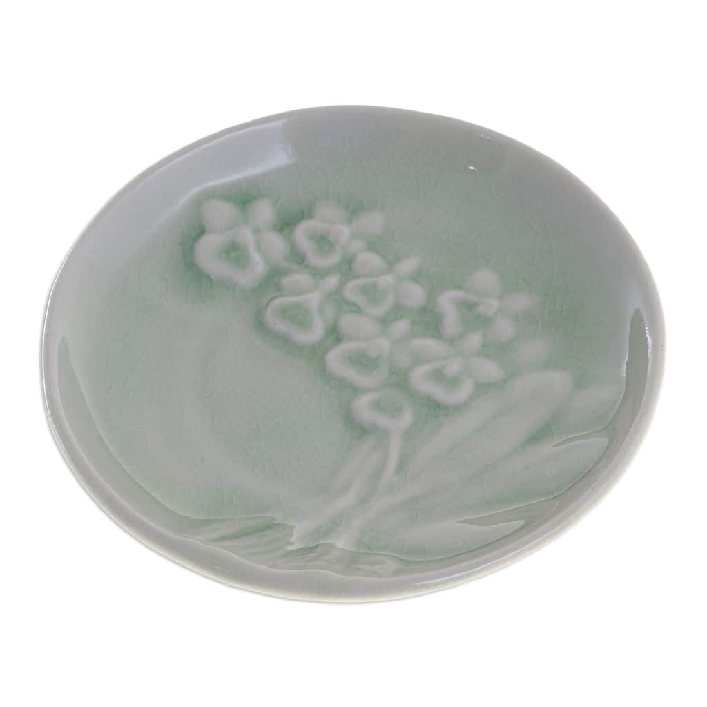 Novica Handmade Orchid Bouquet Celadon Ceramic Dessert Plate