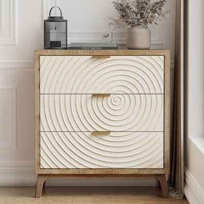 COZAYH Modern Farmhouse Nightstand, Drawer with Handcrafted Wood Ring Motif